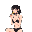 A pixelated young woman with a bob cut enjoys a yellow popsicle, her casual pose and subtle smile conveying a moment of relaxed enjoyment. She is wearing a black bikini top and bottoms.