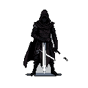 A cloaked, sword-wielding figure stands silhouetted against a void, their face hidden in shadow. This mysterious pixel art warrior evokes a sense of foreboding and readiness.