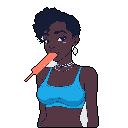 This pixel art portrait captures a young woman enjoying a vibrant orange popsicle. Her bright-eyed gaze and relaxed posture convey a moment of simple, playful pleasure. She wears a blue top, adding a pop of color against the dark background.