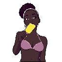 A pixel art woman with dark skin enjoys a bright yellow popsicle, her relaxed expression suggesting a moment of simple pleasure. The summery vibe of the popsicle and bikini is contrasted by the stark black background.