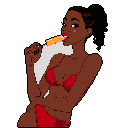 This pixel art image captures a Black woman's sensual moment as she leans back, eyes closed, and enjoys an orange popsicle. Set against a stark black background, her relaxed posture and vibrant colors evoke a feeling of leisurely indulgence.