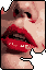 This pixel art close-up intensely focuses on a pair of vibrant red lips, slightly parted and gleaming, against abstracted facial features. The stark composition and retro aesthetic create a striking and sensual digital portrait.