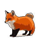 This pixel art image captures a vibrant red fox in mid-stride, its alert expression drawing the viewer in. The simple yet elegant design highlights the fox's form and color against a stark black background, creating a striking portrait of wild nature.