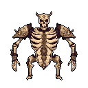 This pixel art image features a menacing, armored skeleton with curved horns, posed in a ready stance. The undead warrior's bony armor and detailed skeletal structure evoke a dark fantasy vibe.