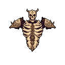 A pixel art image portrays a skeletal figure's upper torso, clad in elaborate bone armor and featuring horned skull with a crack, evoking a sense of ancient and ominous power. The figure is positioned with outstretched arms, enhancing the dark fantasy or horror vibe.