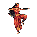 This pixel art depicts a woman gracefully performing a classical Indian dance, adorned in traditional attire and jewelry. Her dynamic pose and warm color palette evoke a sense of cultural tradition and artistic expression.