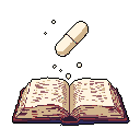 A worn book lies open as a mysterious capsule floats above, hinting at a connection between knowledge and medicine. The pixel art creates a symbolic and slightly eerie scene.