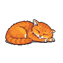 A pixelated orange tabby cat is peacefully curled up asleep, its warm fur rendered in comforting detail against a stark black backdrop. The simple design and muted colors evoke a sense of retro tranquility.