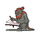 A grey-skinned goblin intensely focuses on writing or drawing with a quill, revealing a surprisingly scholarly side to the mischievous-looking creature. Hunched over a table with parchment, the pixel art captures a moment of unexpected creativity.