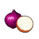 This pixel art showcases a vibrant red onion, both whole and sliced, revealing its concentric layers in a striking composition. The simple yet detailed rendering highlights the onion's texture and form with a rich palette of purples, pinks, and creams.
