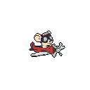 A determined pixel art mouse, sporting aviator goggles and helmet, pilots a bright red biplane. The vintage plane's spinning propeller suggests a thrilling flight against a stark black backdrop. This whimsical image captures a sense of adventure and charm.