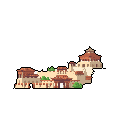 This pixel art showcases a detailed, earthy-toned village nestled on a slope, its intricate architecture evoking a sense of ancient tranquility. The warm palette and layered structures create a peaceful and established community scene.