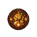 This pixel art portrait features a stylized cat head in profile, framed within an ornate, glowing crest. The image evokes a sense of noble intensity and magical significance, like an emblem from a retro fantasy setting.