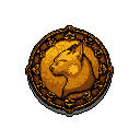 This pixel art piece showcases a golden emblem featuring a serene feline profile with closed eyes. Encased in an ornate, antique-style border, the medallion evokes a sense of history and quiet elegance.