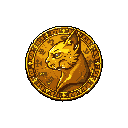 This pixel art depicts an antique coin featuring a regal cat's profile, surrounded by mysterious symbols. The warm, aged gold tones and detailed pixel shading evoke a sense of historical intrigue and fantasy. It's a captivating image of a potentially magical artifact.