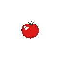 This pixel art image showcases a vibrant, stylized tomato with clever shading and a tiny green stem. The simple design and bold colors create a charming, retro aesthetic.