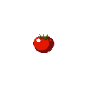 A vibrant, pixelated tomato with dark green sepals sits in stark contrast against a black background. The simple yet detailed rendering captures the organic form of this everyday object.