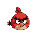 This pixel art portrait captures the iconic Red from Angry Birds, scowling fiercely with his signature red feathers and determined glare. The minimalist design and vibrant colors evoke a sense of retro gaming nostalgia.