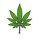 This pixel art image features an anthropomorphic cannabis leaf with a menacing expression, complete with narrowed eyes and a snarling mouth. The aggressive character design, rendered in vibrant greens with sharp red and white accents, creates an energetic and slightly ominous vibe.