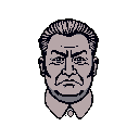 This pixel art portrait captures a stern, graying man in formal attire, his furrowed brow conveying authority and intensity. The monochromatic palette enhances the serious mood of the image.