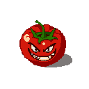 A menacing, pixelated tomato with a toothy grin and sinister eyes stares out, its vibrant red hue popping against the stark background, creating a playful yet ominous vibe.