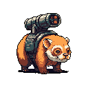 This pixel art features a cute, red panda-like creature sporting a surprisingly large cannon on its back. Its playful expression hints at a whimsical, yet potentially dangerous, character ready for action.