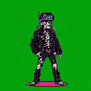 A cool, cyberpunk skeleton rocks a VR headset and leather jacket on a pink platform. This pixel art figure blends macabre with futuristic flair against a bright green backdrop.