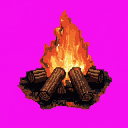 This pixel art depicts a vibrant bonfire with flickering flames erupting from stacked logs. The warm hues of the fire strikingly contrast the magenta background, creating a bold and nostalgic image.