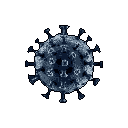 This pixel art image presents a stylized, isolated virus particle, reminiscent of the coronavirus, with detailed spike proteins. Rendered in cool, desaturated blues and grays against a stark black background, the image evokes a clinical and slightly ominous mood.