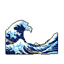 A powerful pixel art wave crests with dynamic energy, its blues and whites capturing the raw force of nature in a nostalgic, iconic style. The imminent collapse of the wave is highlighted by turbulent foam and scattered golden pixels.