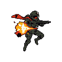 A pixelated, helmeted soldier in dark armor unleashes a fiery blast from their weapon, cape dramatically flowing, against a stark black backdrop. The image captures a moment of intense action with a retro, heroic vibe.