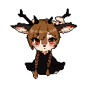 This pixel art portrait features an adorable, anthropomorphic deer character with warm brown tones, expressive eyes, and detailed braids. The simple yet charming design evokes a gentle and endearing mood.