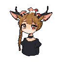 A cute, pixel art bust features a serene, anthropomorphic girl with animal features. The warm-toned character has large, expressive eyes, small horns, and tiny mushroom-like creatures perched atop her head. She's set against a stark black background, emphasizing her gentle and whimsical design.