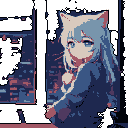 A pixelated, anime-inspired catgirl with long, light hair gazes thoughtfully into the night. This three-quarter profile portrait features a serene expression and a cool-toned palette, evoking a sense of quiet contemplation amid distant city lights.