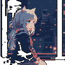 A cat-eared girl in a school uniform gazes pensively at a nighttime cityscape. The pixel art evokes a sense of quiet contemplation and solitude.