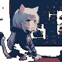 This pixel art features a wistful anime-style cat-girl, seated in a contemplative pose. The muted colors and gentle expression evoke a sense of quiet introspection.