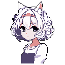 This pixel art depicts a cute, cat-eared girl with white hair and a pastel color palette, gazing demurely in a three-quarter profile. Her soft features and downcast eyes create a gentle, slightly melancholic mood.
