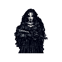 A sinister, pixelated nun-like figure with a ghostly white face and menacing grin stands against a black background, gripping an assault rifle across her chest. The unsettling image evokes a sense of horror and dread, suggesting a malevolent entity or supernatural assassin.