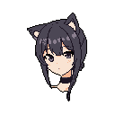This pixel art portrait features a cute, cat-eared girl with curious eyes and purplish-gray hair. Her gentle expression and anime-inspired style create a charming and slightly enigmatic vibe.