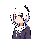 This pixel art portrait features a young girl with a shy expression and dark hair, wearing a muted purple-grey uniform with a small bow. Her gentle gaze and soft features create a wistful and quietly cute vibe.