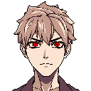 This pixel art portrait captures a stern-faced man with intense red eyes that pierce through the stark black void. The avatar's serious expression and muted color palette evoke a sense of mystery and hidden power.