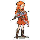A pixel art warrior stands ready with her crossbow, her orange hair a vibrant contrast against her muted armor. Her determined gaze and poised stance suggest a lone adventurer prepared for whatever lies ahead. The simple design emphasizes her readiness and strength.