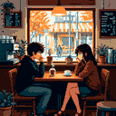 This pixel art depicts a cozy cafe scene with two young people deeply engaged in conversation at a small table. The warm lighting and autumnal scenery visible through the window create an intimate and nostalgic atmosphere.