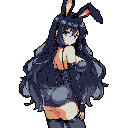 This pixel art image features a confident bunny girl in a black corset and thigh-high boots, glancing mischievously over her shoulder. Her dark hair and alluring pose against a black background create a playful, anime-inspired aesthetic.