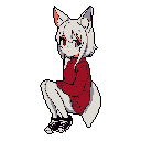 This pixel art depicts a crouching fox or wolf girl with large, dark eyes and a fluffy tail, rendered in a muted color palette. Her pose and expression evoke a sense of quiet introspection, highlighted by the stark black void surrounding her.