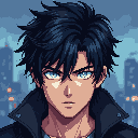 This pixel art portrait captures a young man with an intense gaze against a backdrop of a somber cityscape. His striking blue eyes and determined expression create a mood of seriousness and contemplation. Inspired by anime, the cool color palette and retro style evoke a sense of nostalgia.