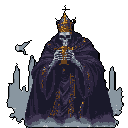 A skeletal Pope stands in solemn regalia, clutching a golden cross against a backdrop of stylized city spires. This pixel art figure evokes a gothic mystery, blending religious authority with the macabre.