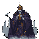 A foreboding pixel art image features a skeletal figure in ornate, dark robes holding a golden cross, radiating an aura of power and the macabre. The crowned entity, framed by ethereal mist, commands attention with its stoic presence.
