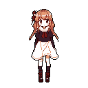 This pixel art depicts a young girl with a wide, unsettling grin and red eyes, her brown hair tied with a red bow. The overall effect is somewhat ominous.