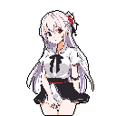 This pixel art showcases a stylish anime girl with striking red eyes and flowing white hair against a stark black background. Dressed in a white and black uniform with red accents, she exudes a calm yet captivating presence.